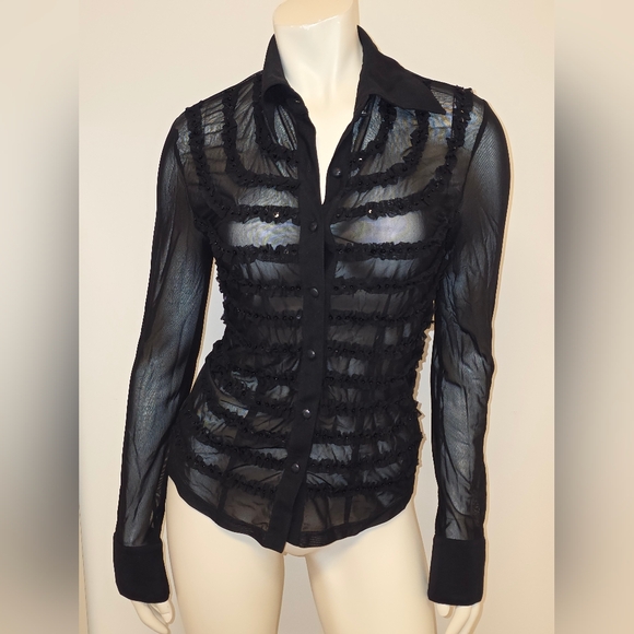 taglia42 Tops - TAGLIA42 Black Sheer Ruffle-Trim Button-Up Blouse